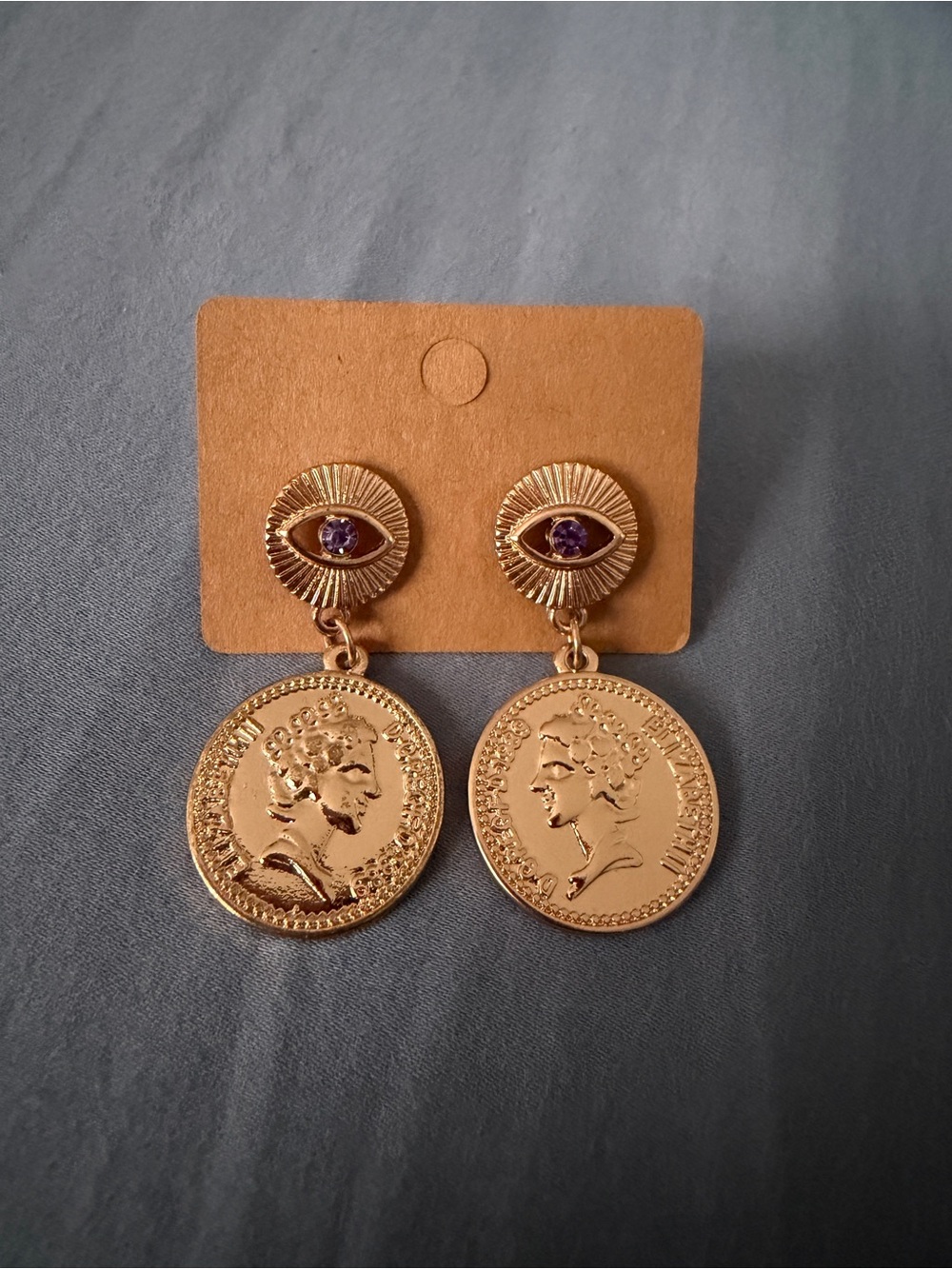 Gold Coin Drop Earrings with Purple Stone Evil Eye Accent